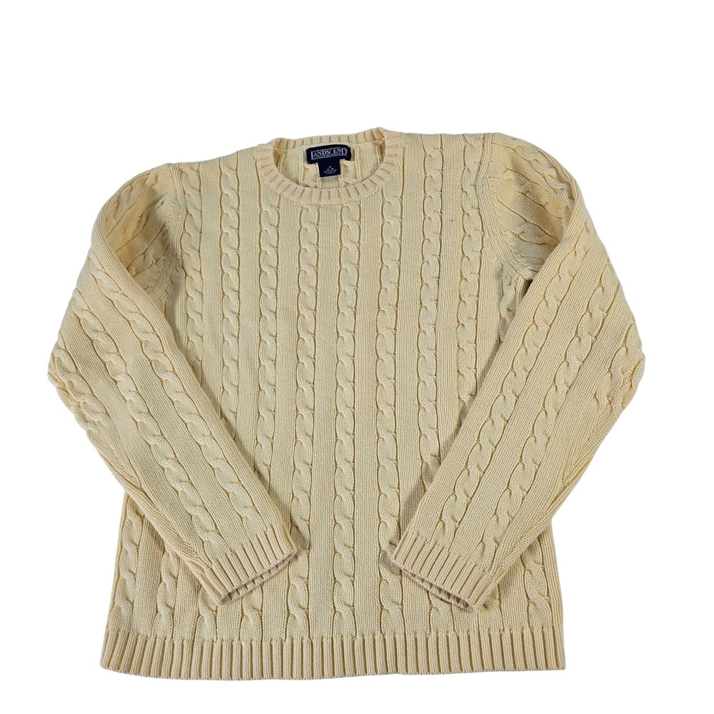 Lands End Womens Small 6-8 Yellow Cable Knit 100% Cotton Crewneck Sweater